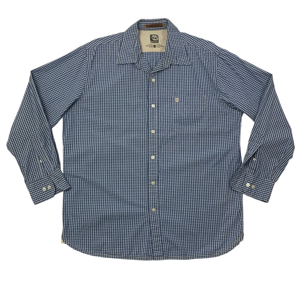 Timberland Shirt Mens Large Blue White Plaid Button Up Long Sleeve Cotton Pocket